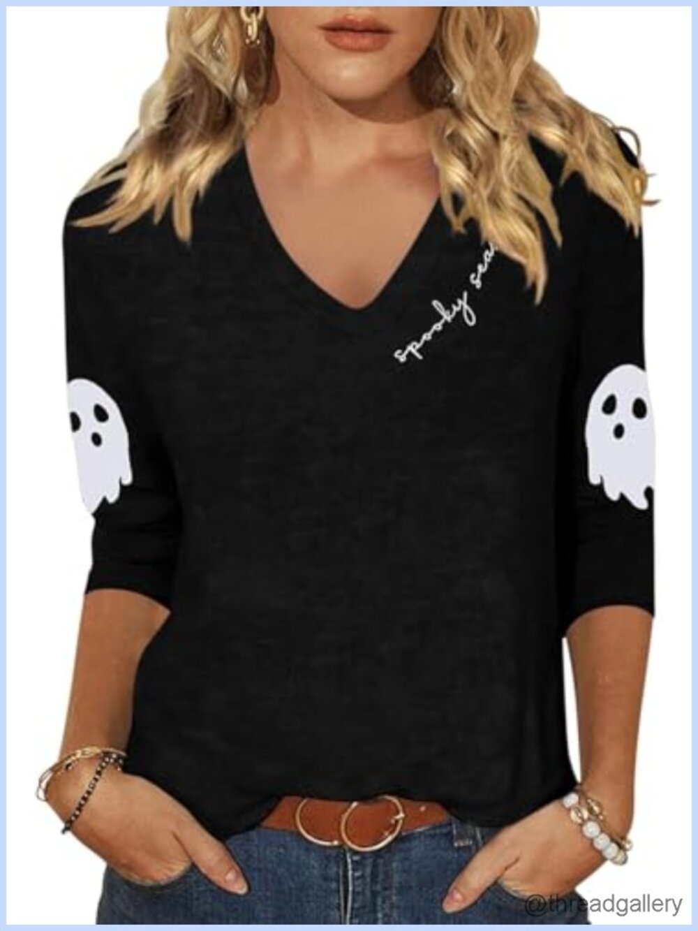Women's 3/4 Sleeve V Neck Graphic Tee Spooky Season Halloween Shirt